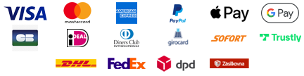 Visa, Mastercard, American Express, PayPal, Apple Pay, Google Pay, iDeal, Diners Club, girocard, Sofort, Trustly, DHL, FedEx, Dpd, Packeta, Zásilkovna